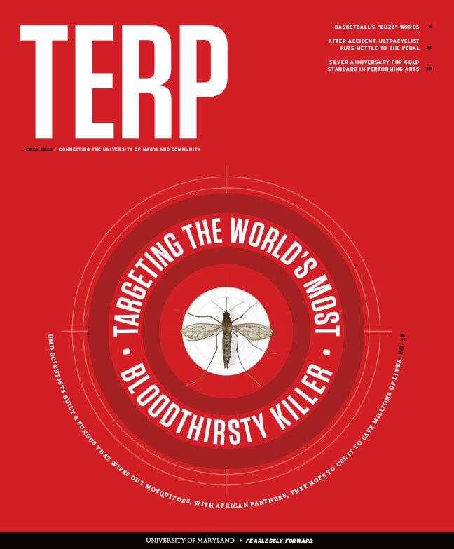 Fall 2025 Terp magazine cover: Red background with mosquito targeted in center, with headline: Targeting the World's Most Bloodthirsty Killer