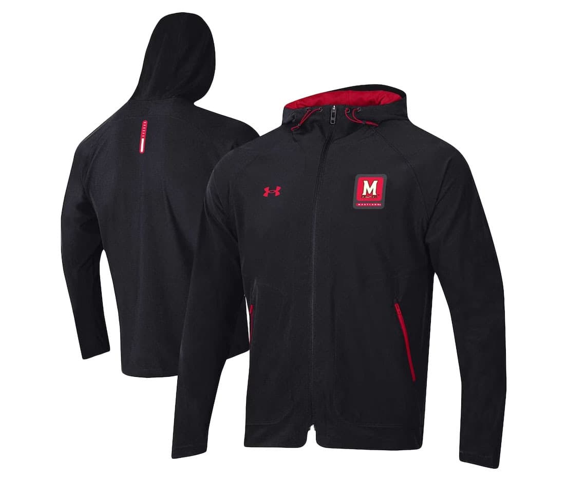 A Black Under Armour brand Full-Zip Jacket with Maryland M bar located on chest.