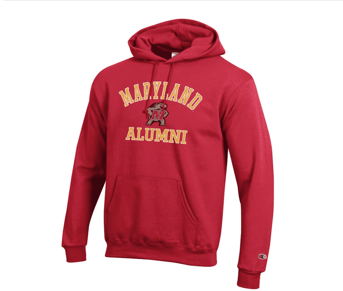 A red hoodie that says "Maryland Alumni" with the Testudo mascot.
