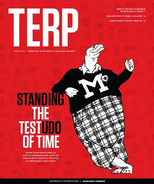 "Standing the Testudo of Time" Terp magazine cover with Testudo wearing M sweater and plaid pants
