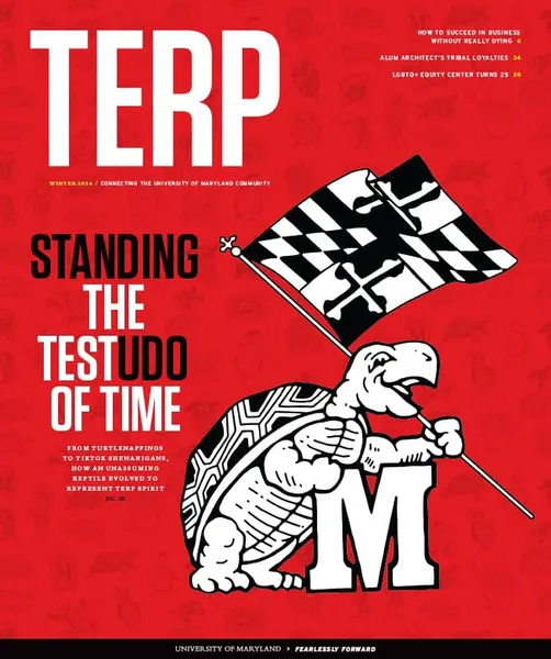 "Standing the Testudo of Time" Terp magazine cover with Testudo holding Maryland state flag and block M