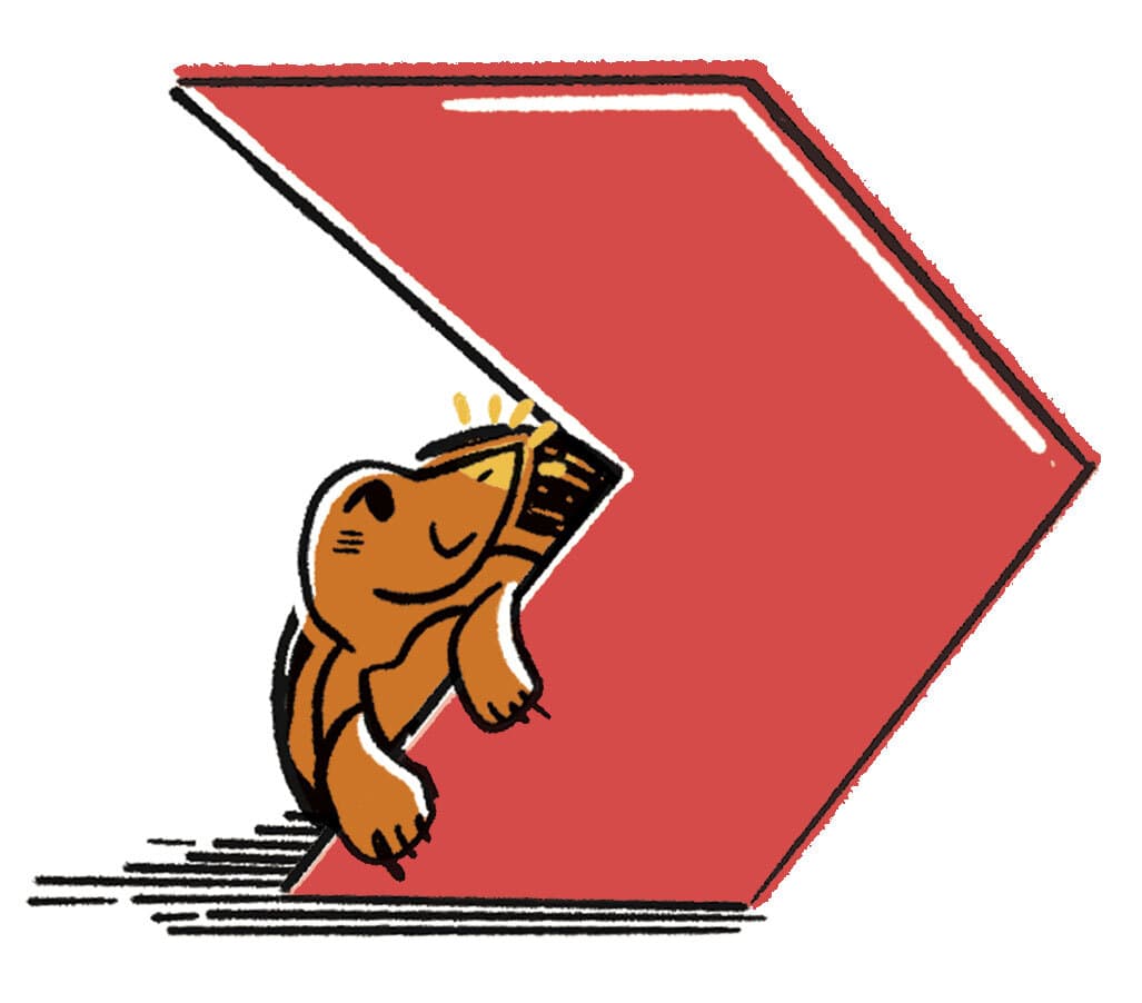 turtle peeks from behind red arrow