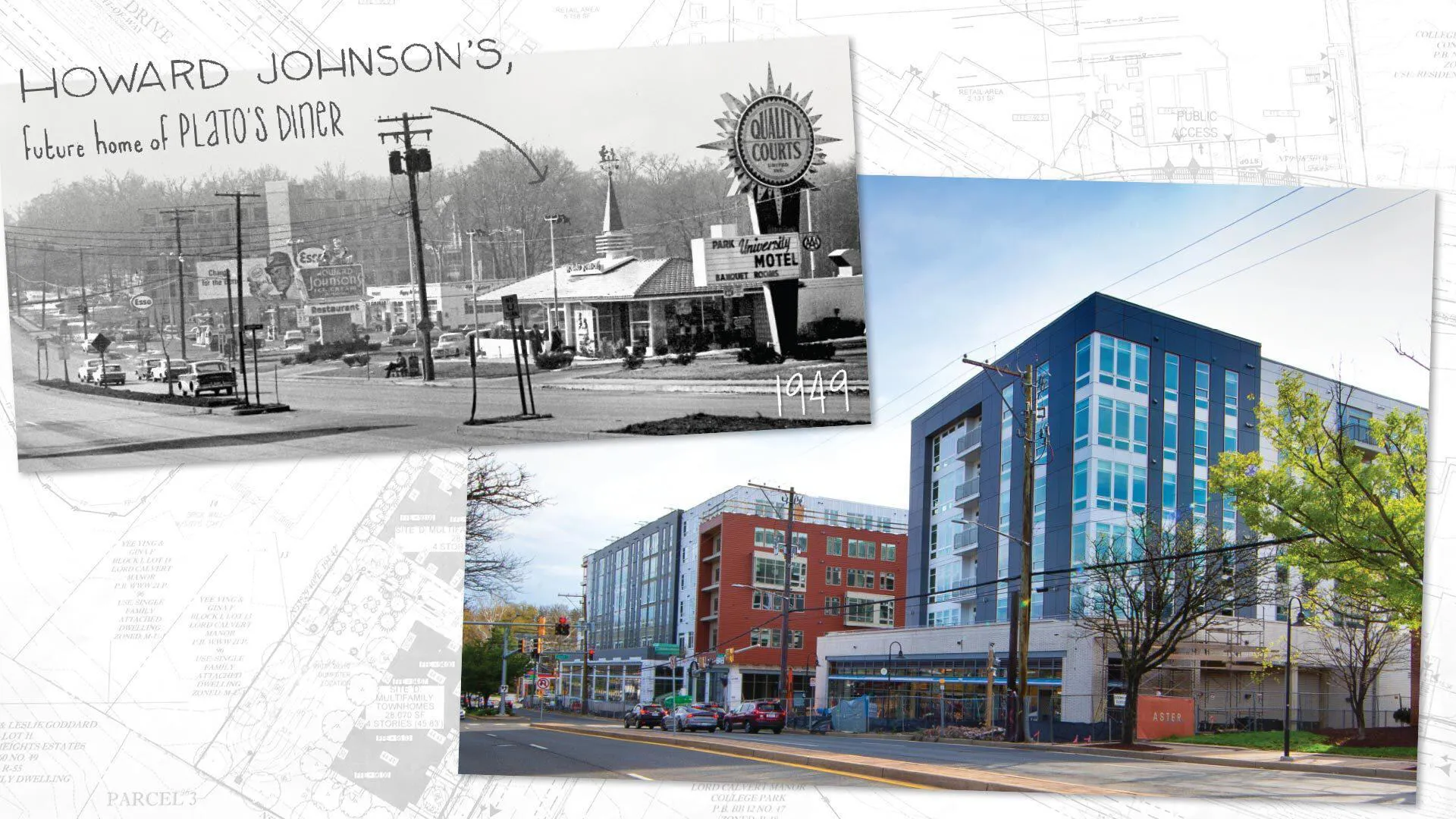 Archival photo of Howard Johnson's and contemporary photo of Aster College Park apartment complex
