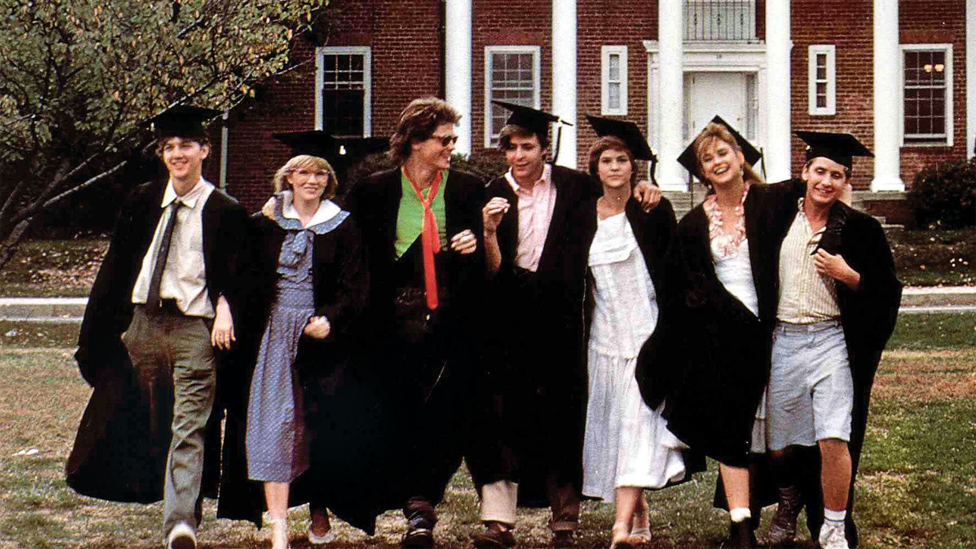 Brat Pack in academic regalia walk on Frat Row in "St. Elmo's Fire" movie