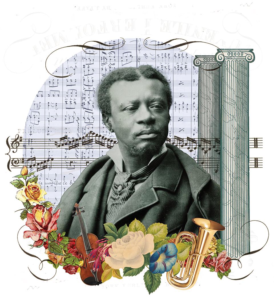 collage of Edmond Dédé, flowers and musical notes
