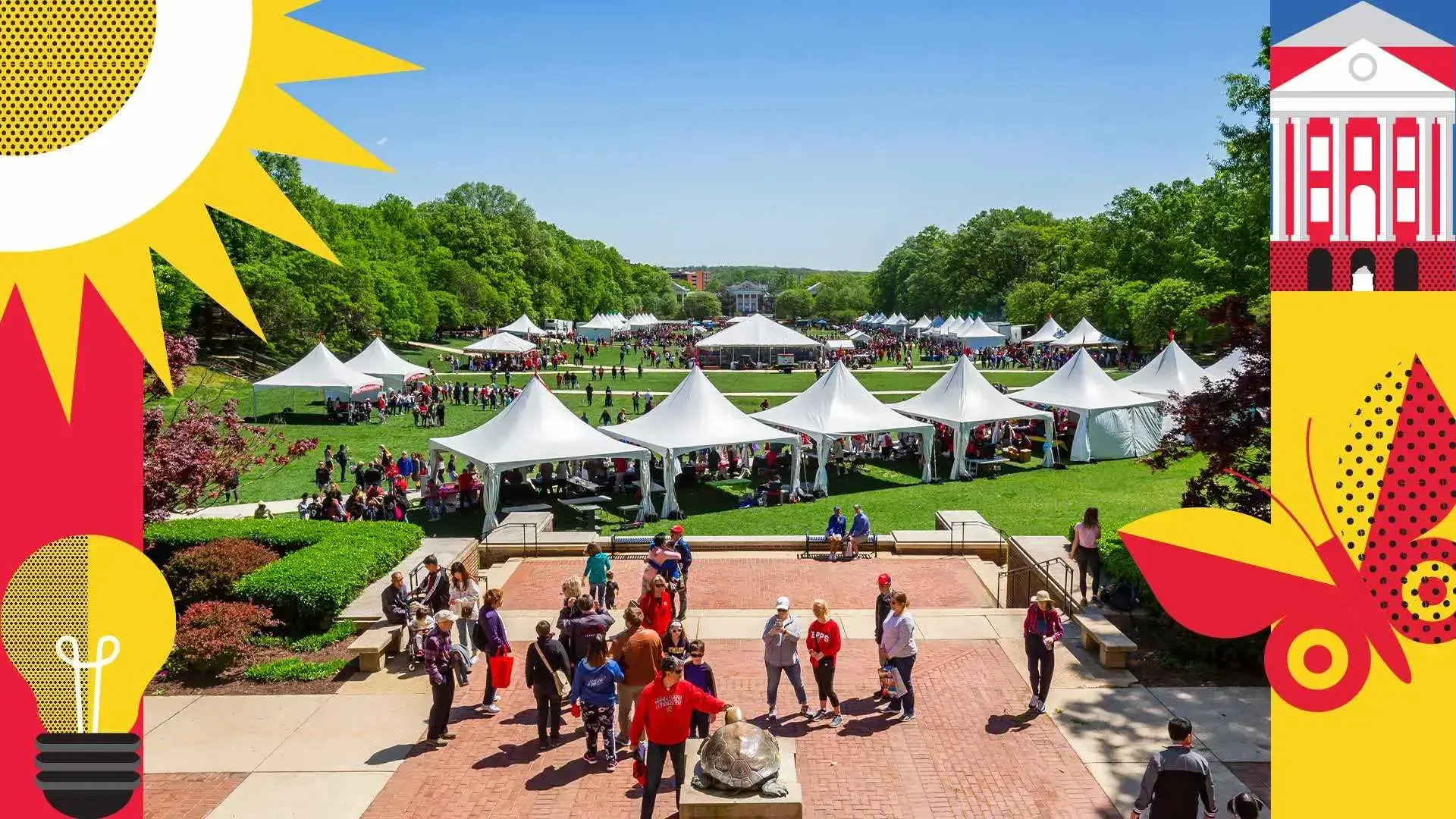 There are white tents set up on the green lawn in the distance, and a large crowd is holding a grand festival.