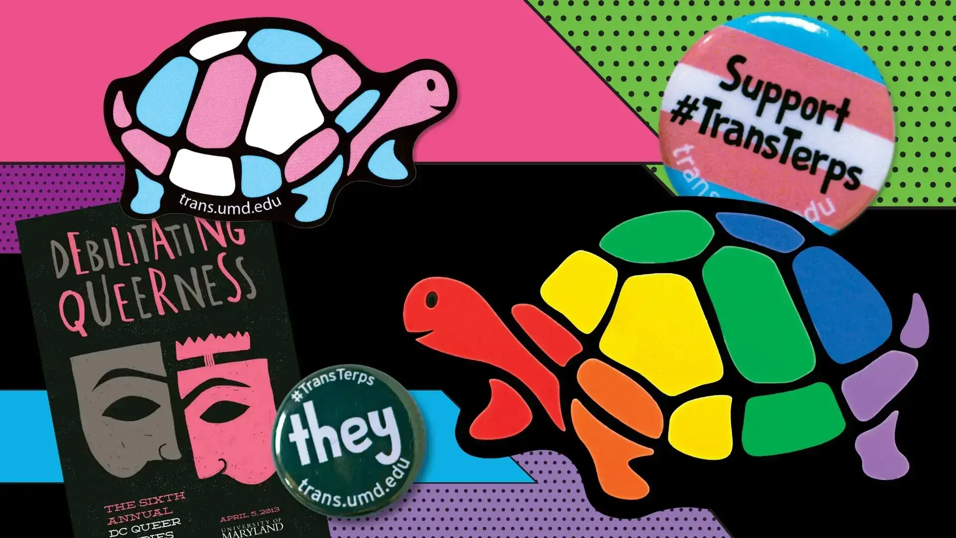 rainbow turtle, turtle with pink and light blue pattern, "Support #TransTerps" pin. "Debilitating Queerness", "they" pin
