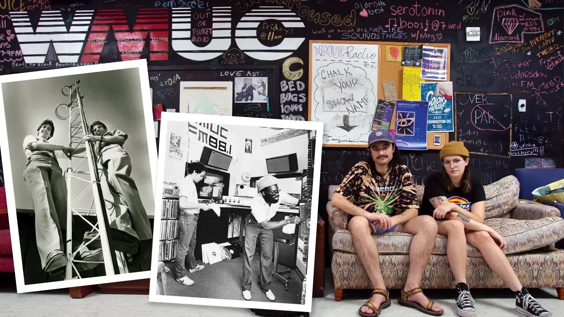 two students sit on WMUC couch. Inset photos: students install radio tower; students review tally sheets