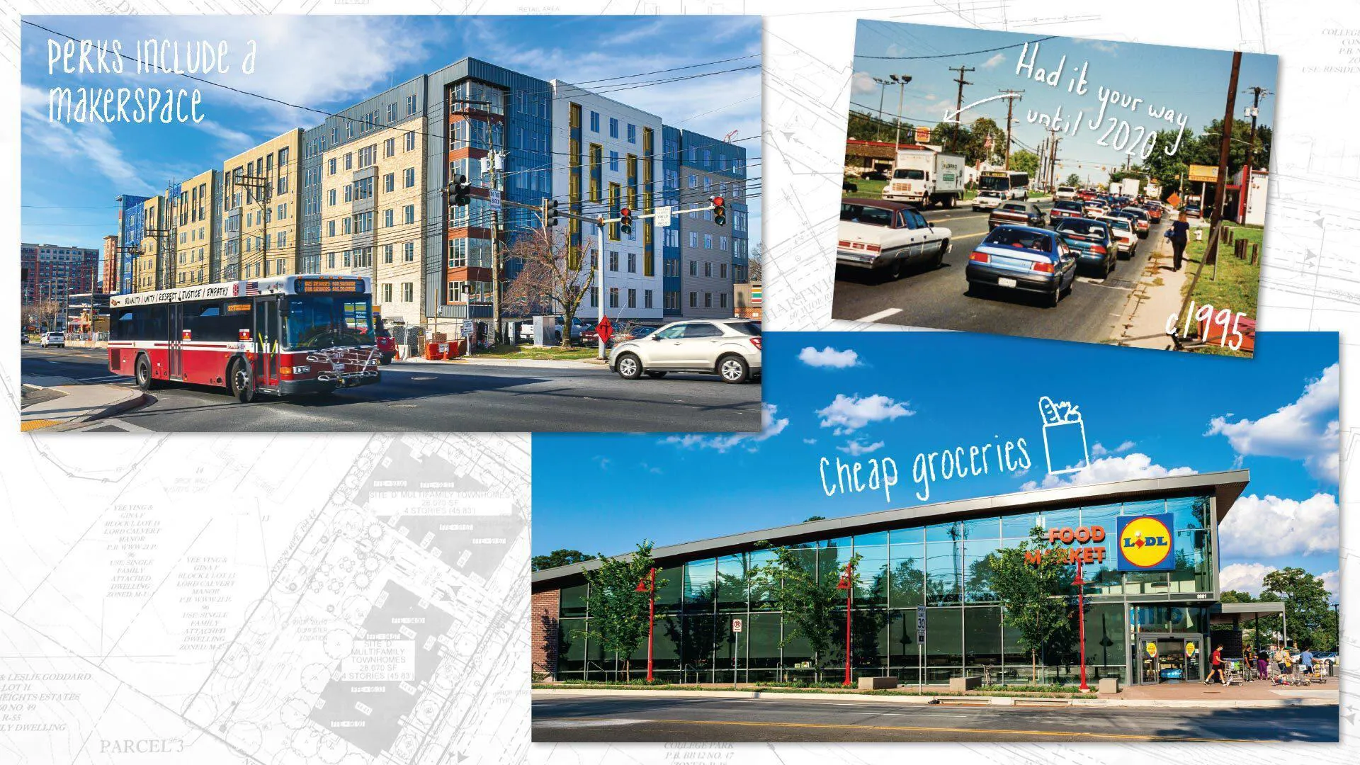 Contemporary photos of Tempo apartments and Lidl, plus archival photo of Burger King