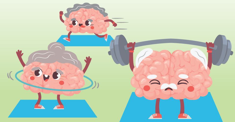 three cartoon brains exercising