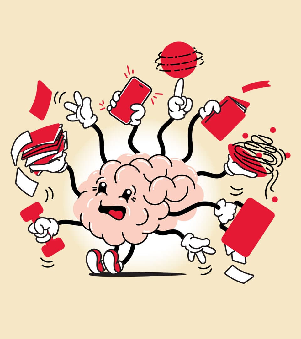 cartoon brain with hands holding dumbbell, papers, phone, ball, book, briefcase