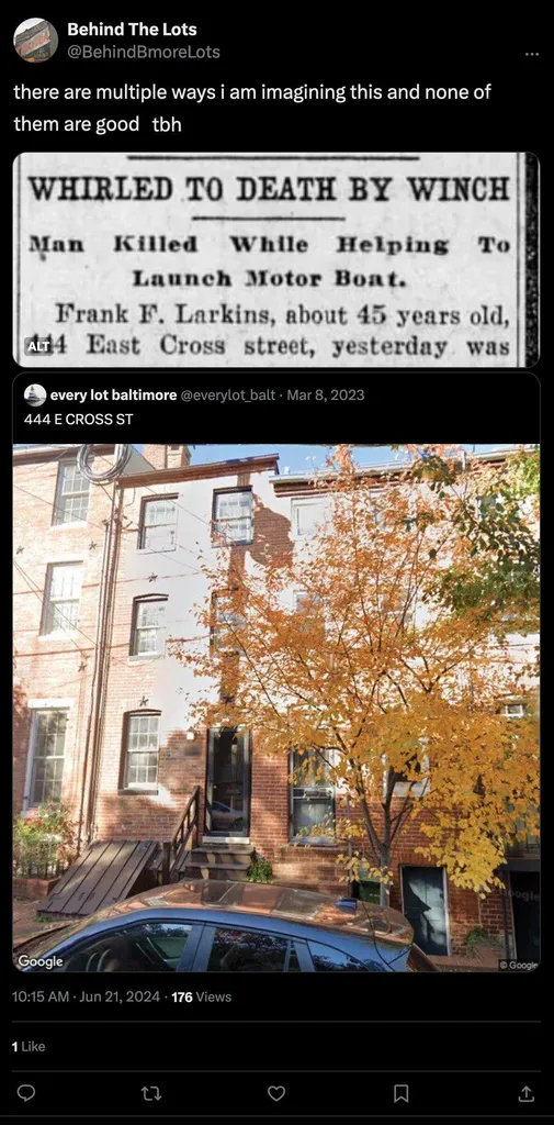 newspaper headline: whirled to death by winch, with rowhouse below