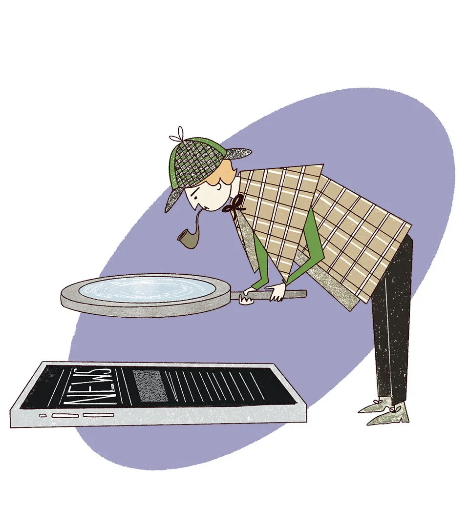 Sherlock examining news story with magnifying glass