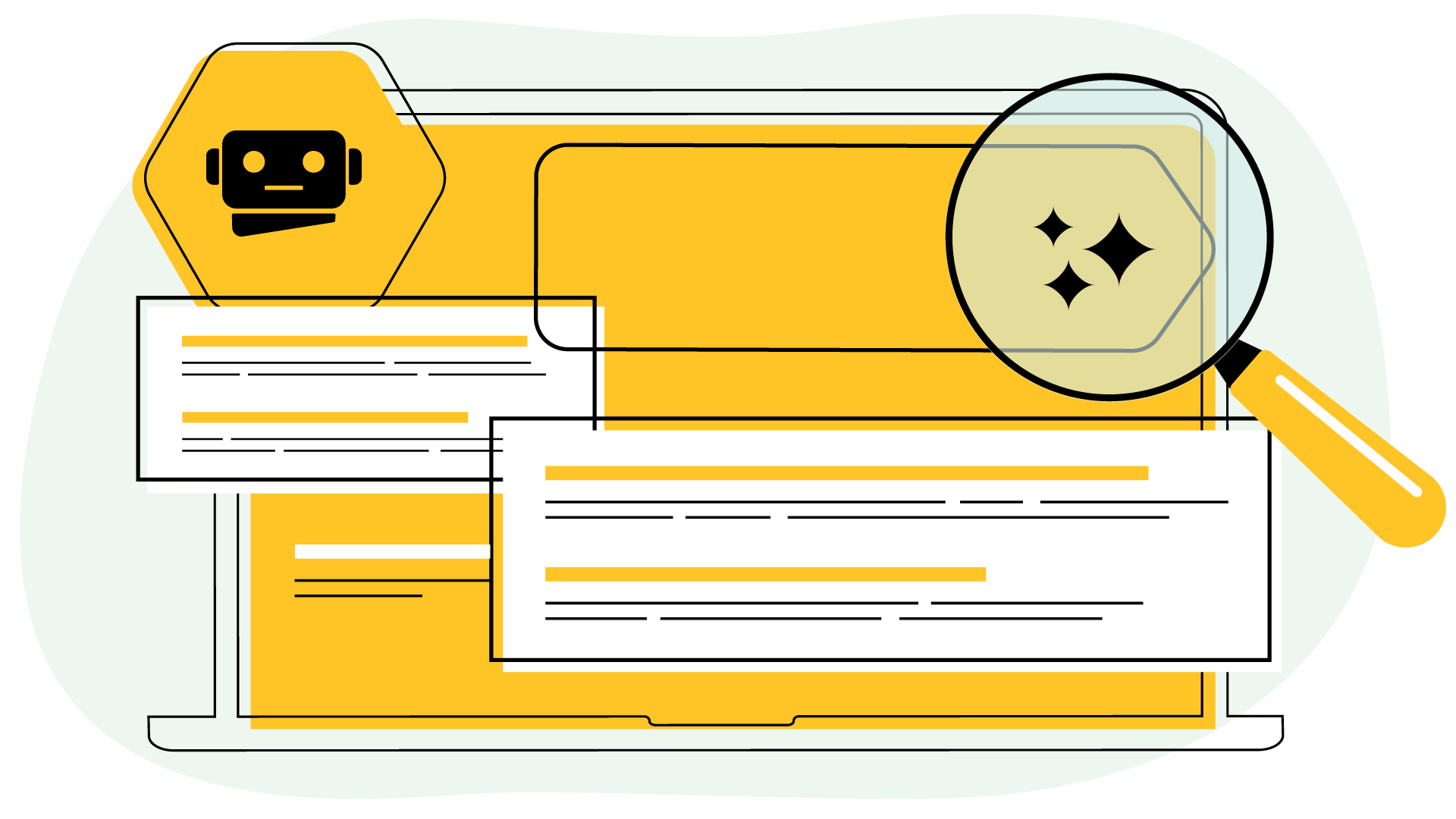 chatbot with text boxes on screen and magnifying glass