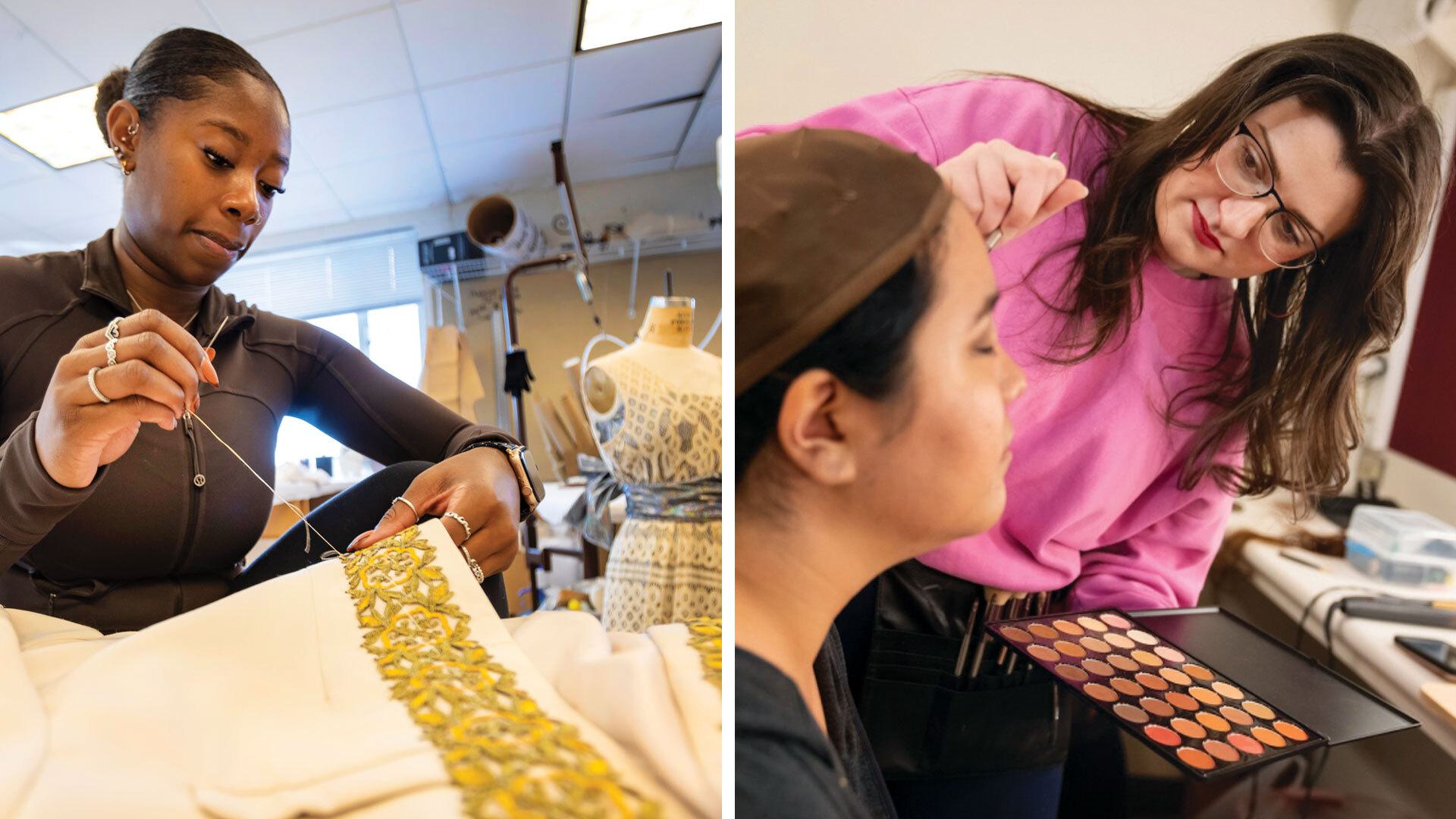 student sews costume; another student applies makeup on actor