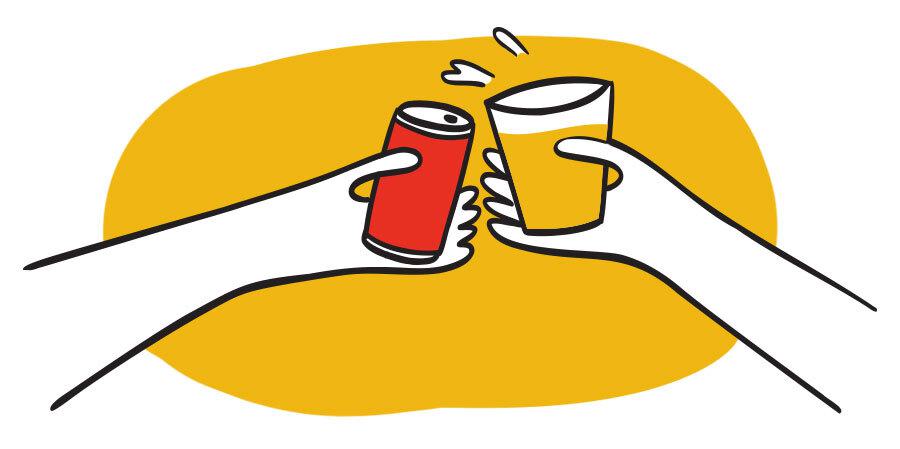 two hands clink can, cup together