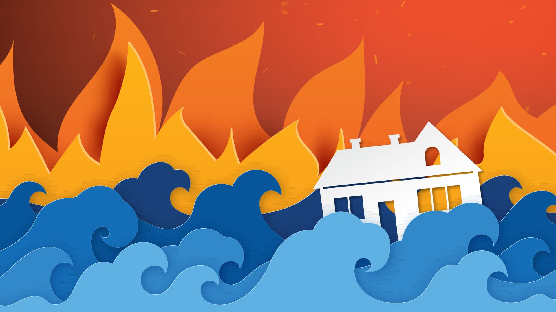 house floating in water with flames in background