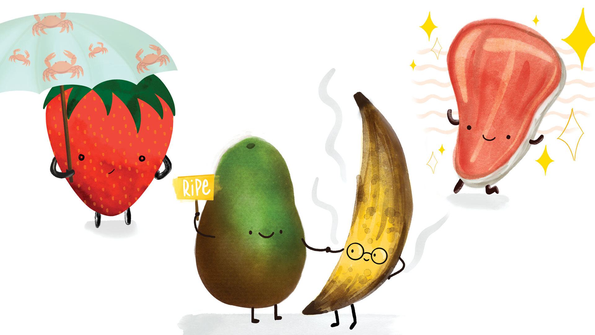 strawberry holding umbrella with crabs on it; a pear holding a "RIPE" sign shaking hands with a banana; a sparkling steak
