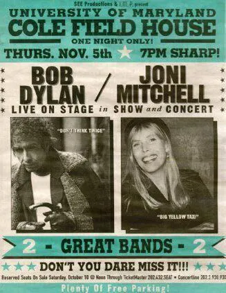poster advertising Bob Dylan and Joni Mitchell at Cole Field House