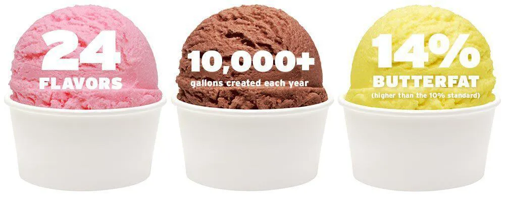 ice cream scoops with stats: 24 flavors, 10,000+ gallons created each year, 14% butterfat (higher than the 10% standard)