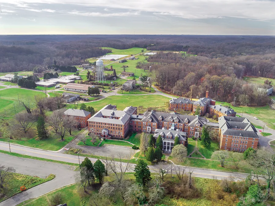 aerial view of brick buildings