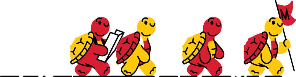 red and yellow turtles walk, with leader holding M flag