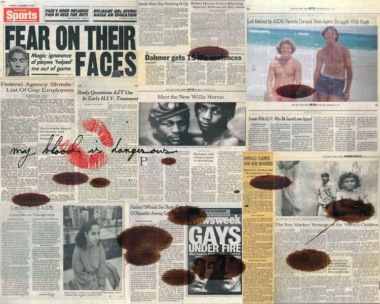 photo collage of newspaper articles about LGBTQ+ community, with lipstick signature and drops of blood
