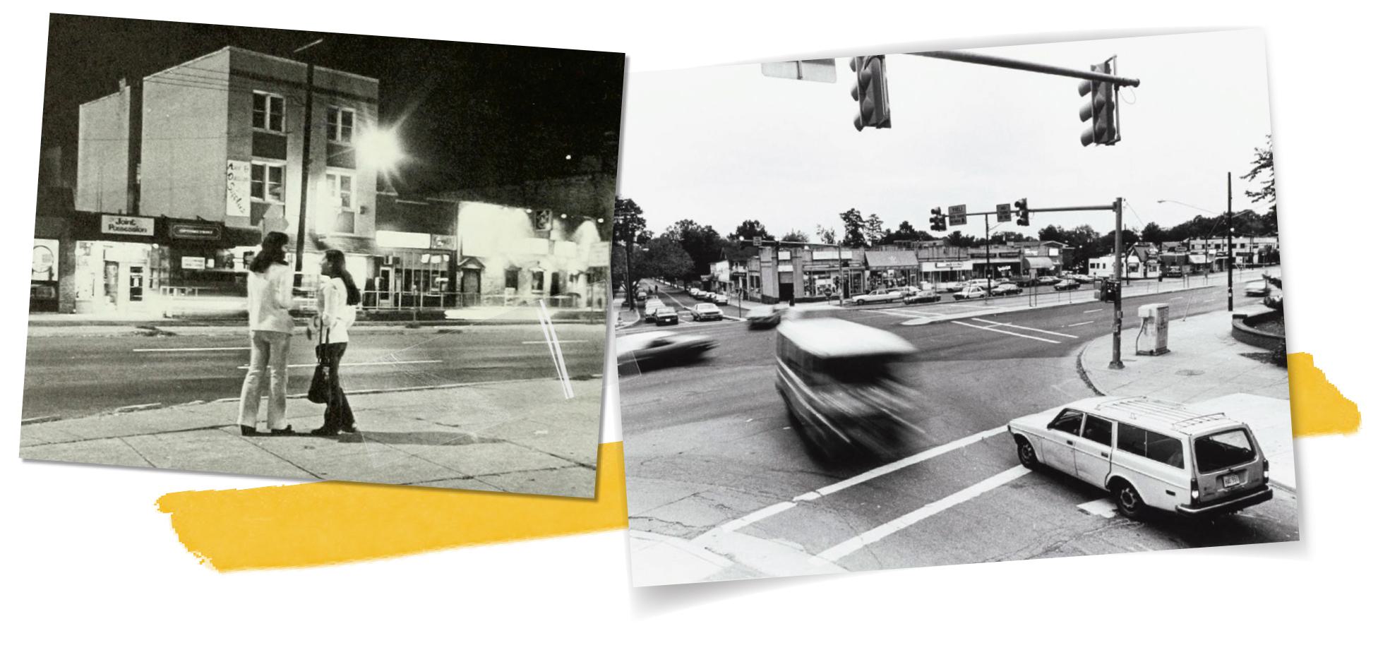 collage: two people stand outside on sidewalk at night; cars drive through Baltimore Avenue intersection