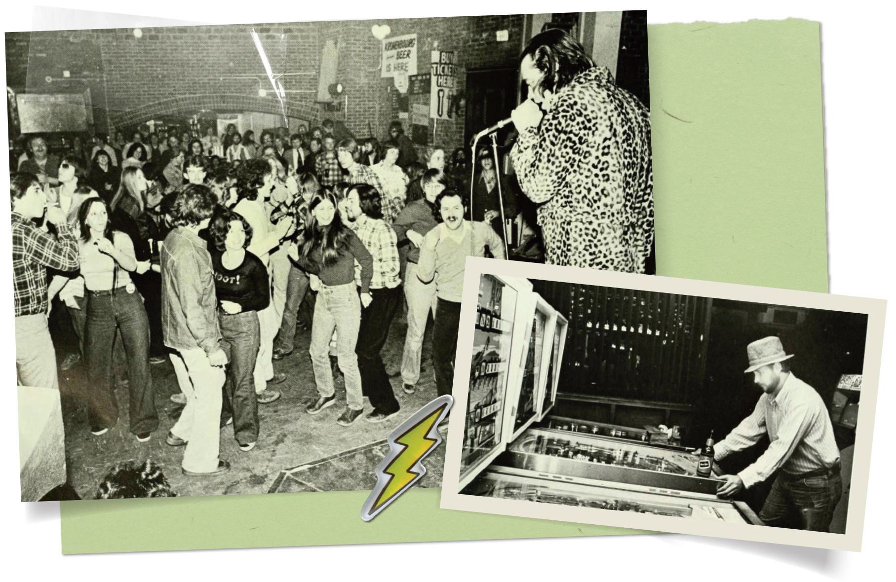 collage: performer sings into microphone while crowd dances; man wearing hat plays pinball with beer