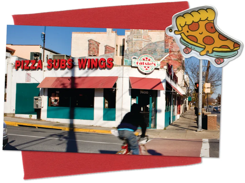 exterior of Ratsie's advertising PIZZA, SUBS, WINGS. Cartoon pizza illustration in corner