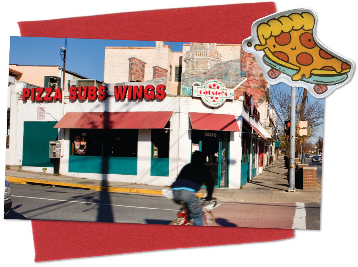 exterior of Ratsie's advertising PIZZA, SUBS, WINGS. Cartoon pizza illustration in corner