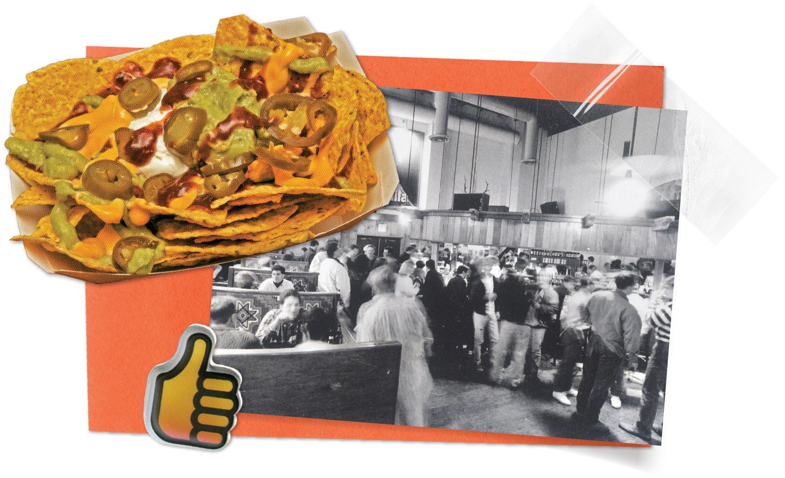 nachos and people buzzing around in restaurant