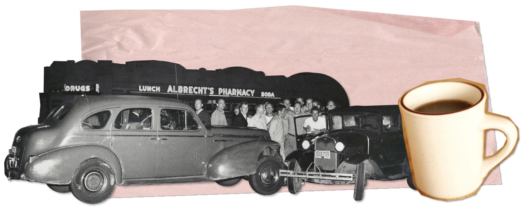 collage of old-fashioned cars at Albrecht's Pharmacy and a cup of coffee