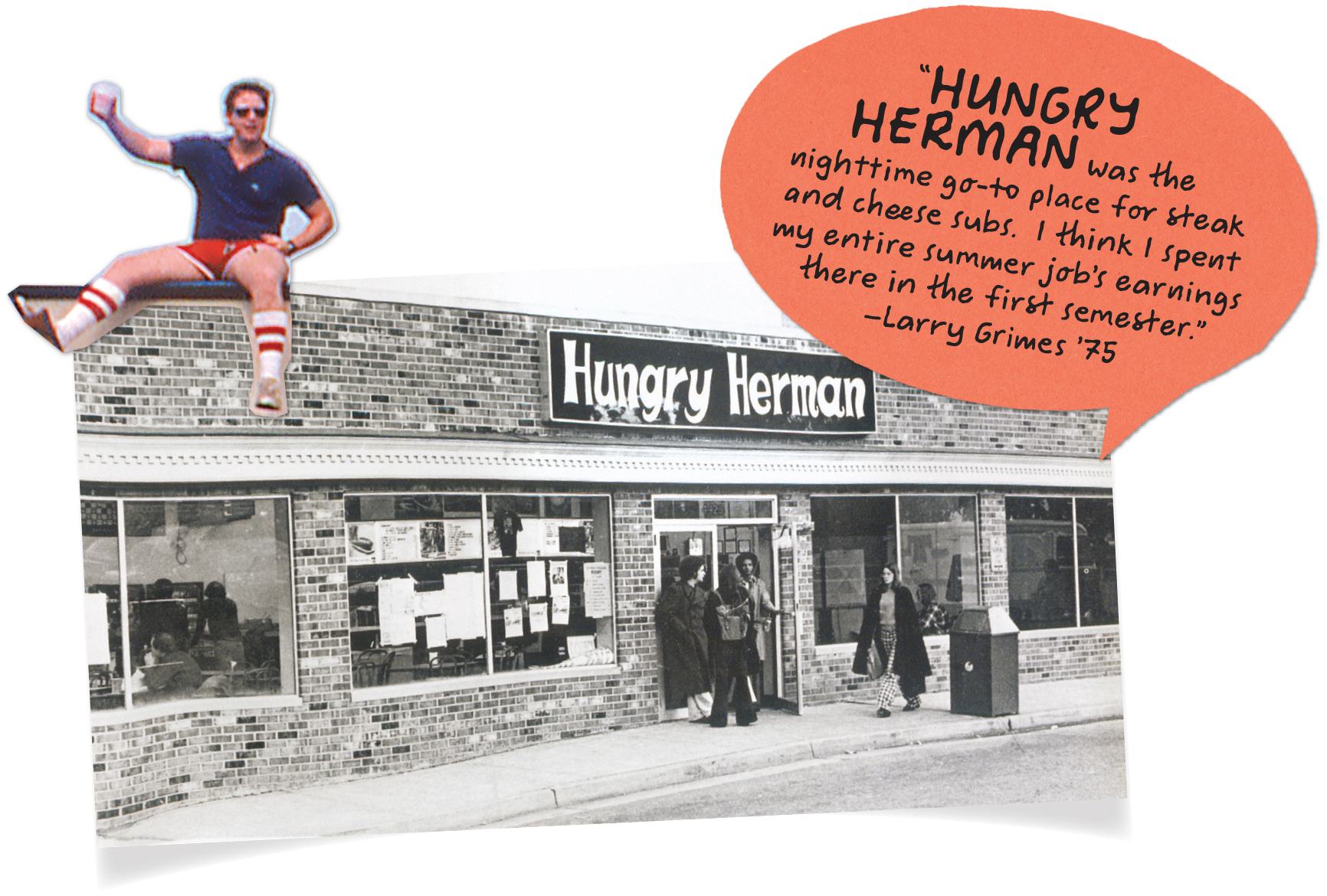 collage: student raising glass, Hungry Herman exterior, speech bubble that reads, "HUNGRY HERMAN was the nighttime go-to place for steak and cheese subs. I think I spent my entire summer job’s earnings there in the first semester.” –Larry Grimes ’75