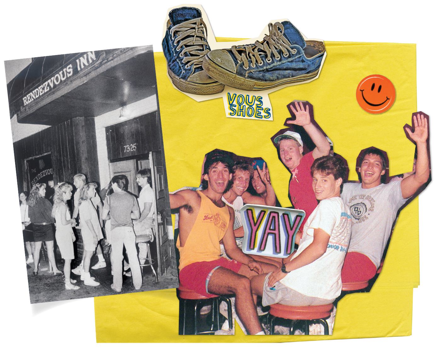 collage: students at the Rendezvous Inn; blue pair of "Vous Shoes"; students sitting on bar stools with hands in the air, with YAY sign