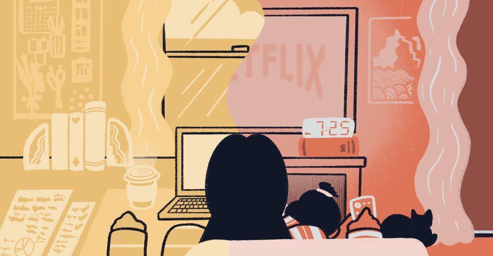 split illustration: half with woman working at laptop and drinking coffee, half with her snuggling with child on couch watching Netflix