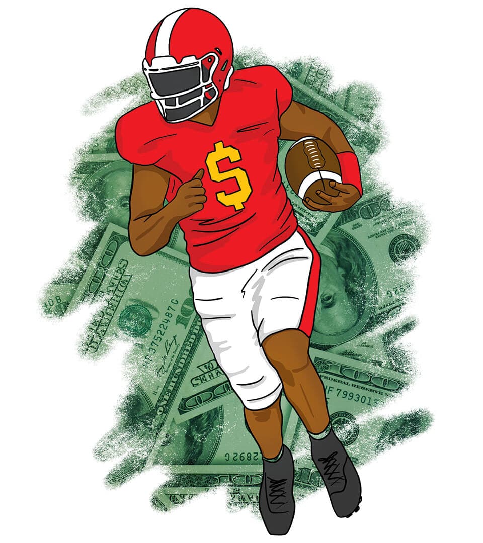 football player with money sign on jersey and dollar bills in background