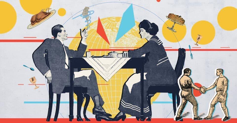 man and woman sit at table with dishes flying around them; boxers shake hands