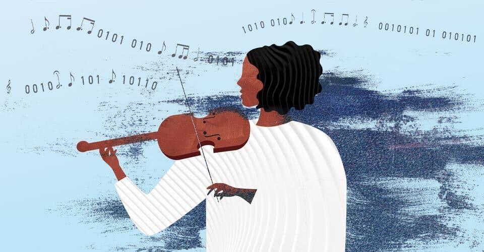 person plays violin surrounded by musical notes and computer code