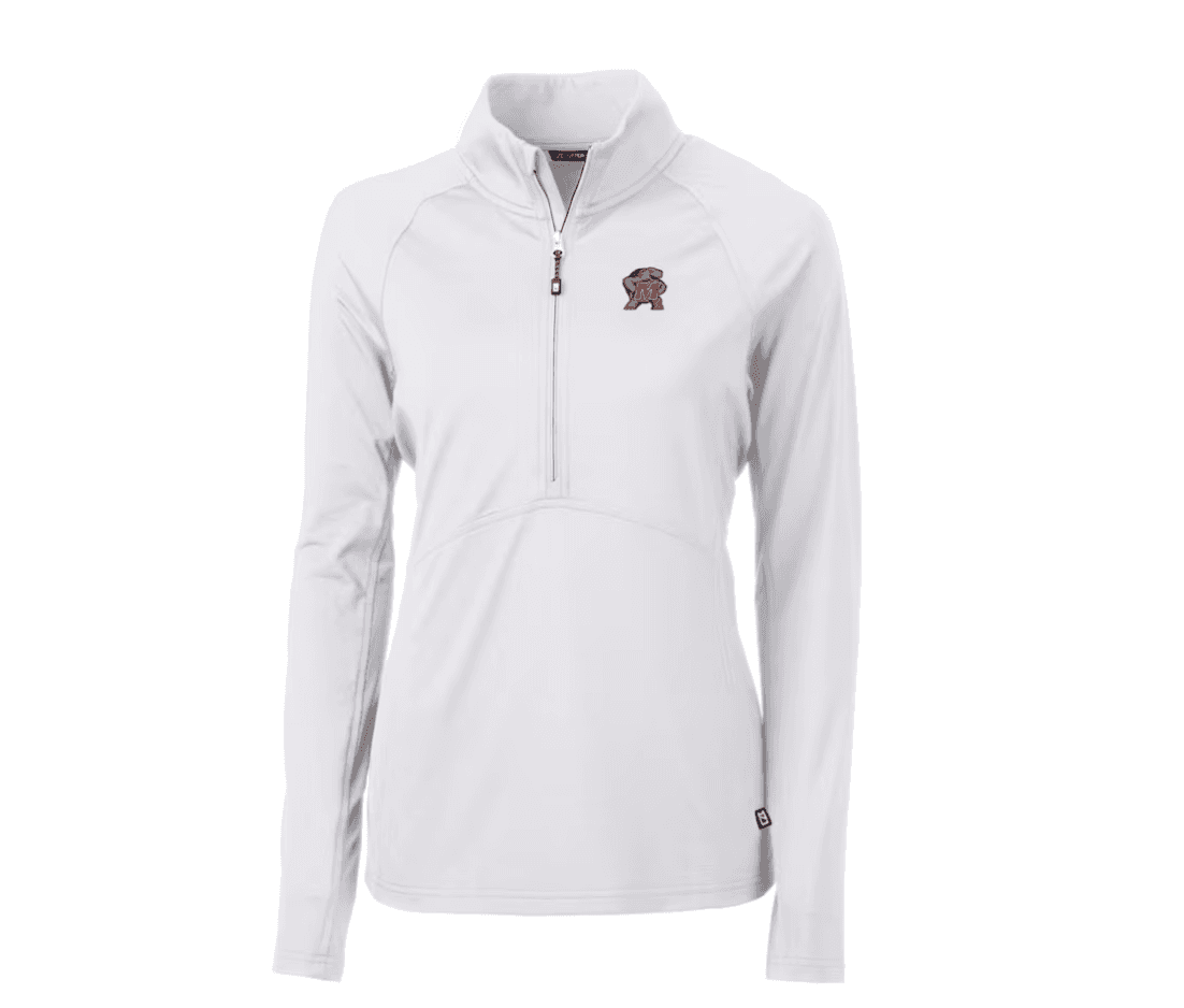 A white pullover jacket with the Testudo logo.